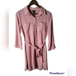 Rue 21 Pink Shirt Dress Tie waist front pockets 3/4 sleeve